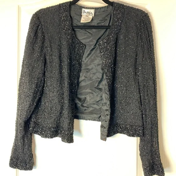 Vintage Patra Petite Black Beaded Silk Evening Jacket Cropped Size PM 80s 90s - Picture 1 of 16